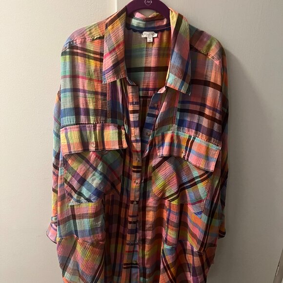 Pilcro Long-Sleeve Mixed Madras Plaid Oversized Buttondown Shirt - 2x - Picture 1 of 2
